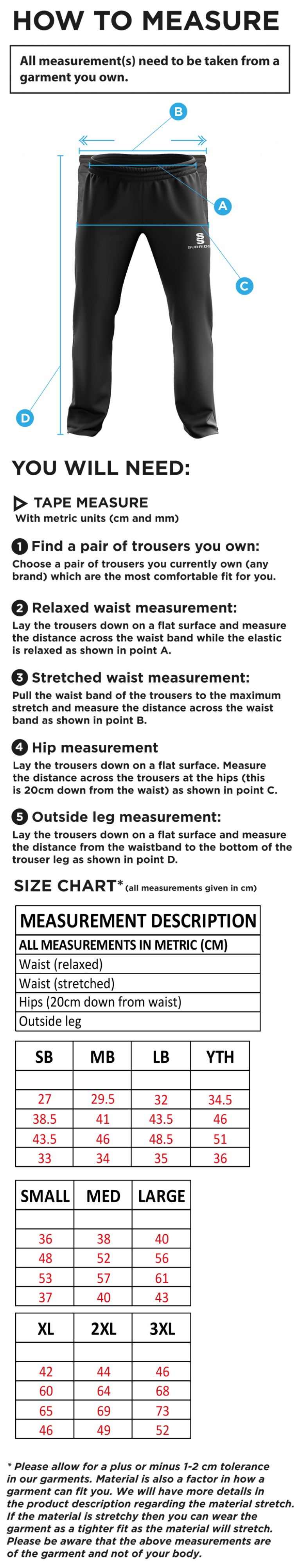 North Devon Police CC - Ripstop Track Pant - Size Guide