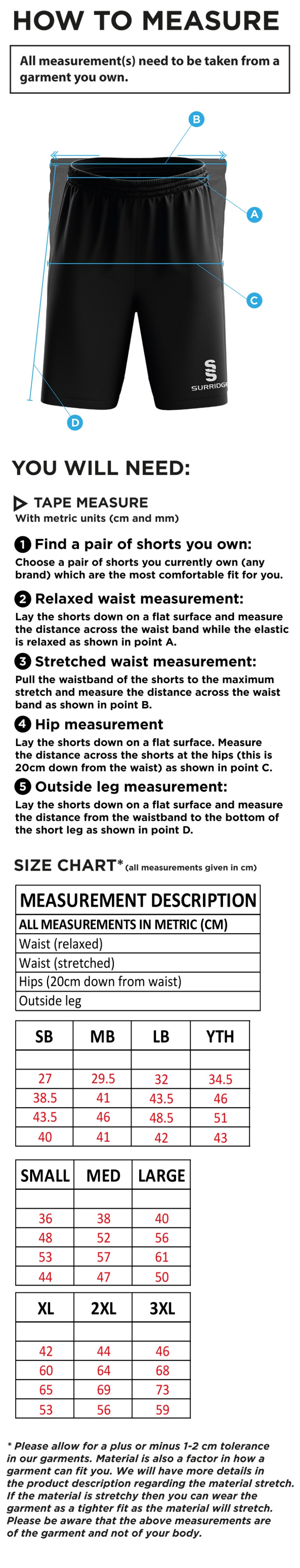 North Devon Police CC - Blade Shorts - Size Guide