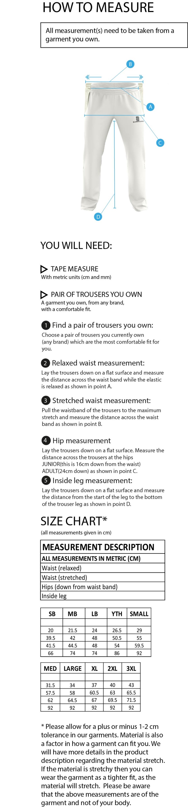 North Devon Police CC - Standard Playing Pant - Size Guide