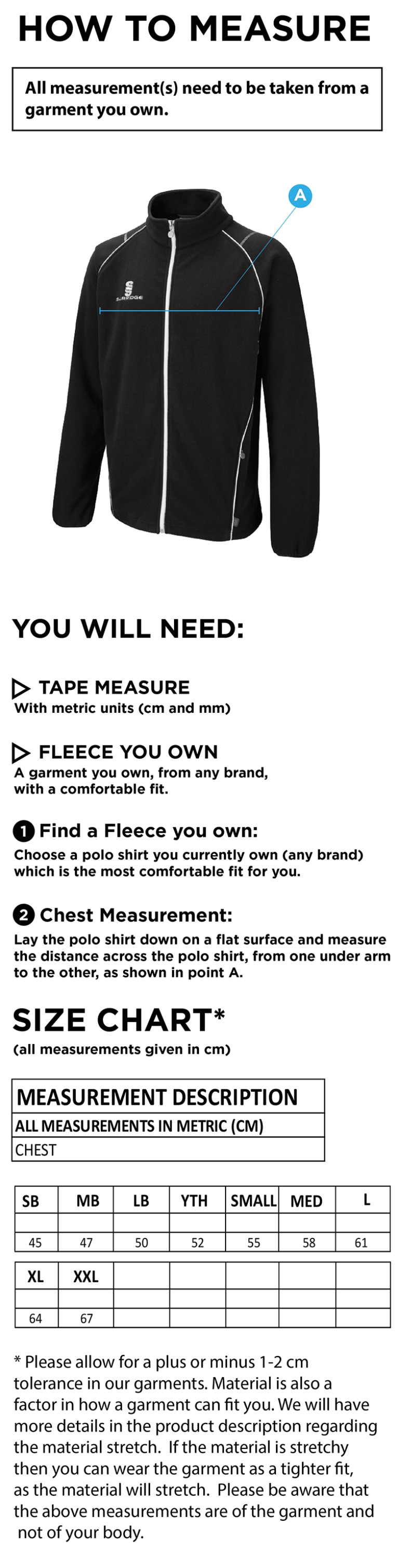 North Devon Police CC - Curve Fleece - Size Guide