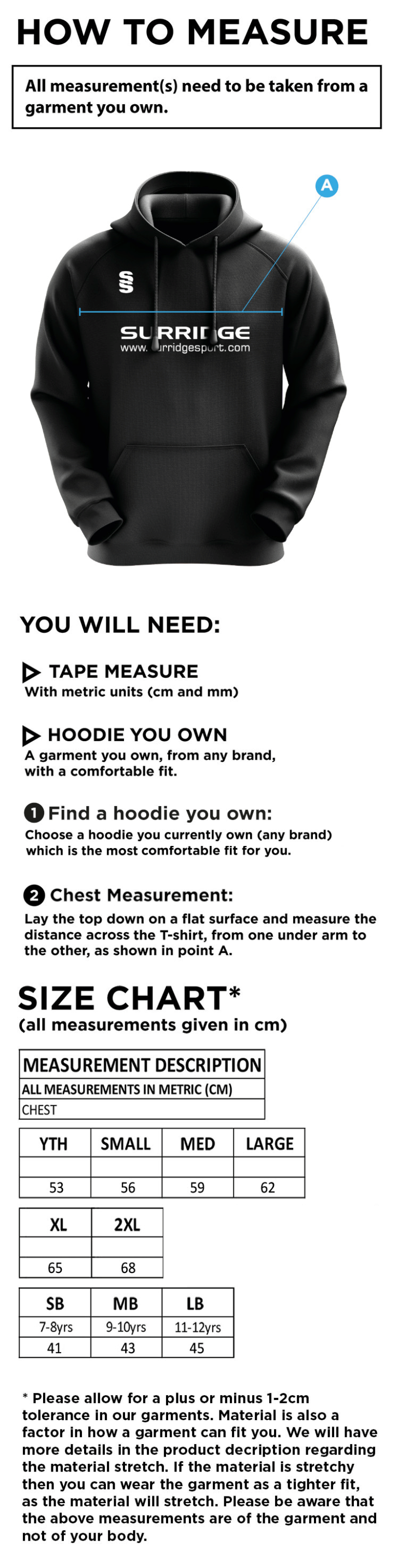North Devon Police CC - Blade Hoody - Size Guide