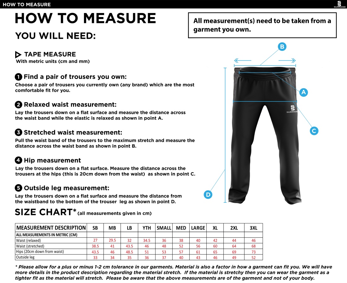 North Devon Police CC - Ripstop Track Pant - Size Guide