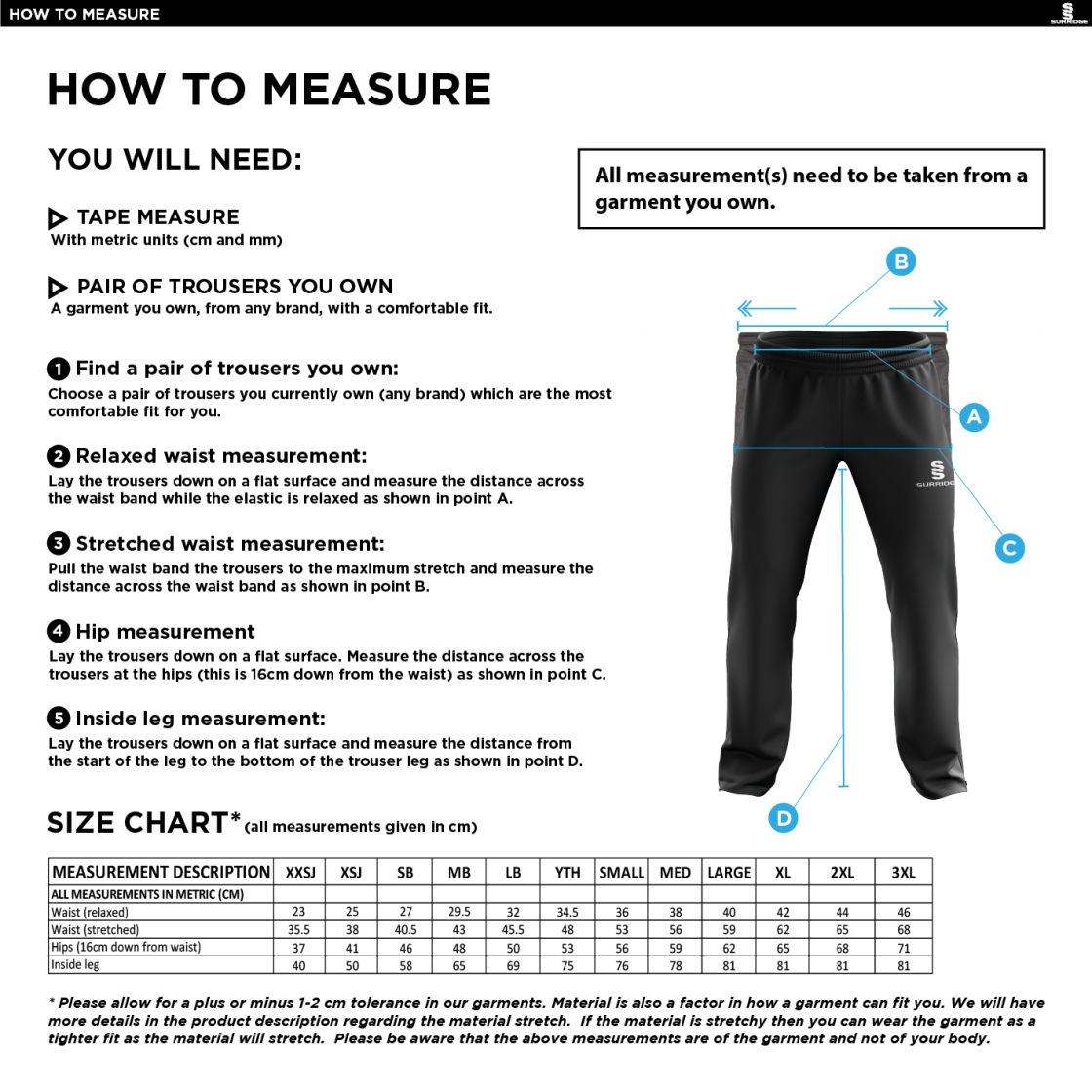 North Devon Police CC - Poplin Track Pant - Size Guide