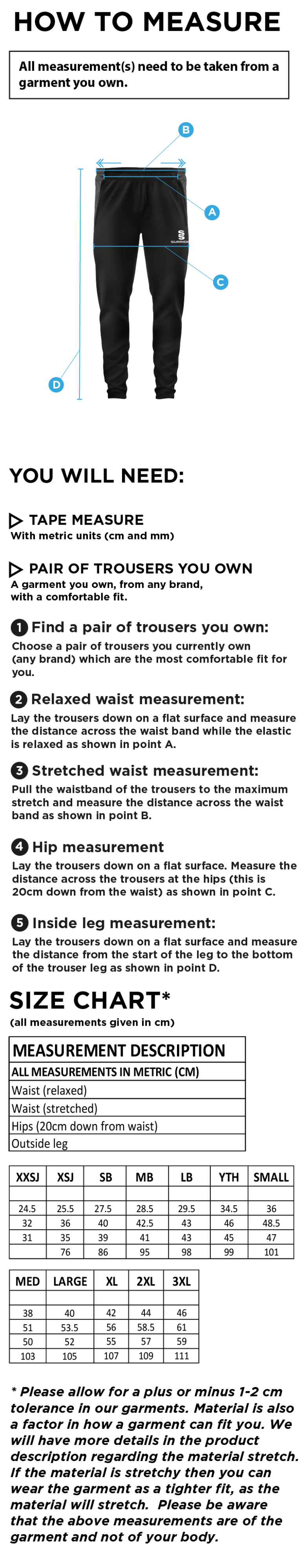 North Devon Police CC - Tek Slim Pant - Size Guide