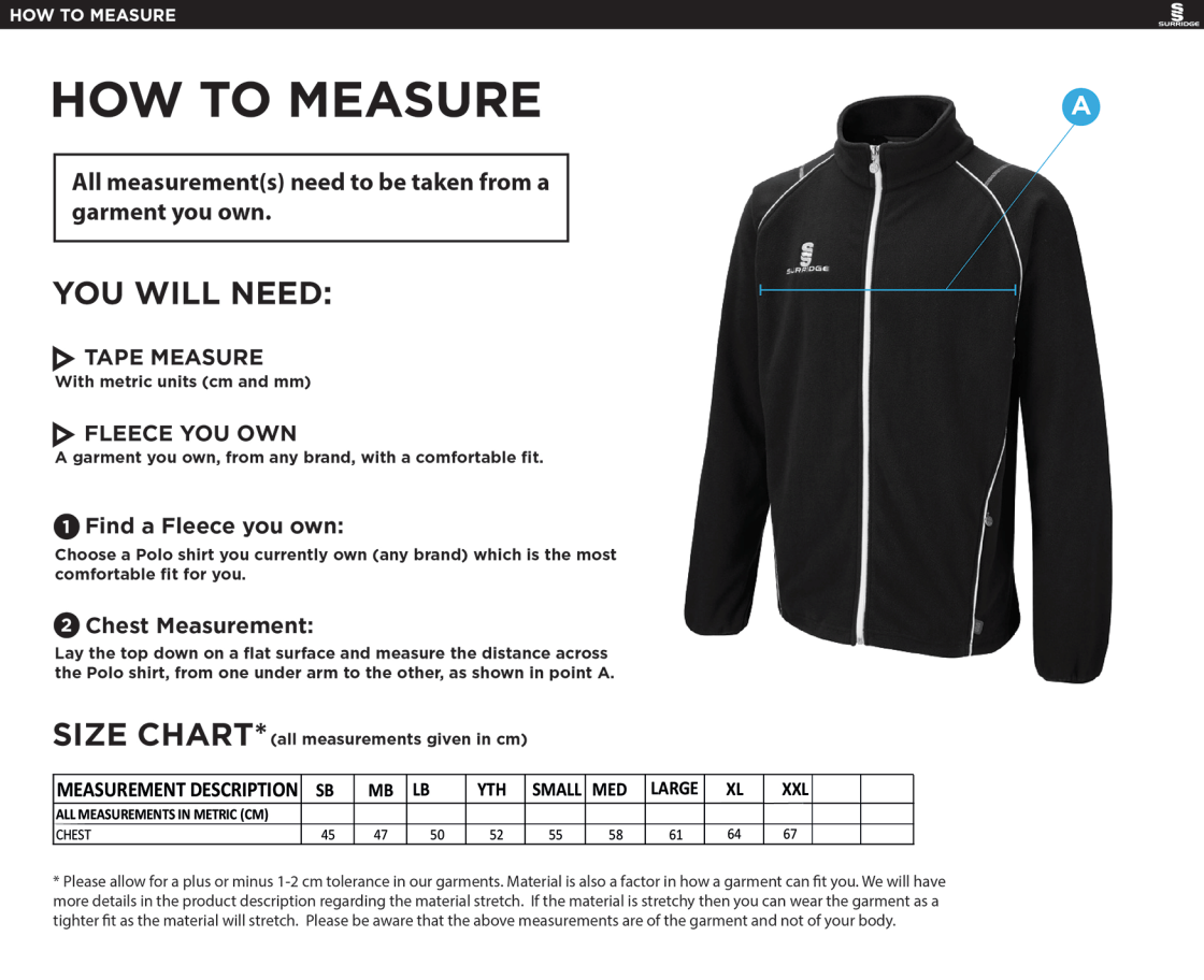 North Devon Police CC - Curve Fleece - Size Guide