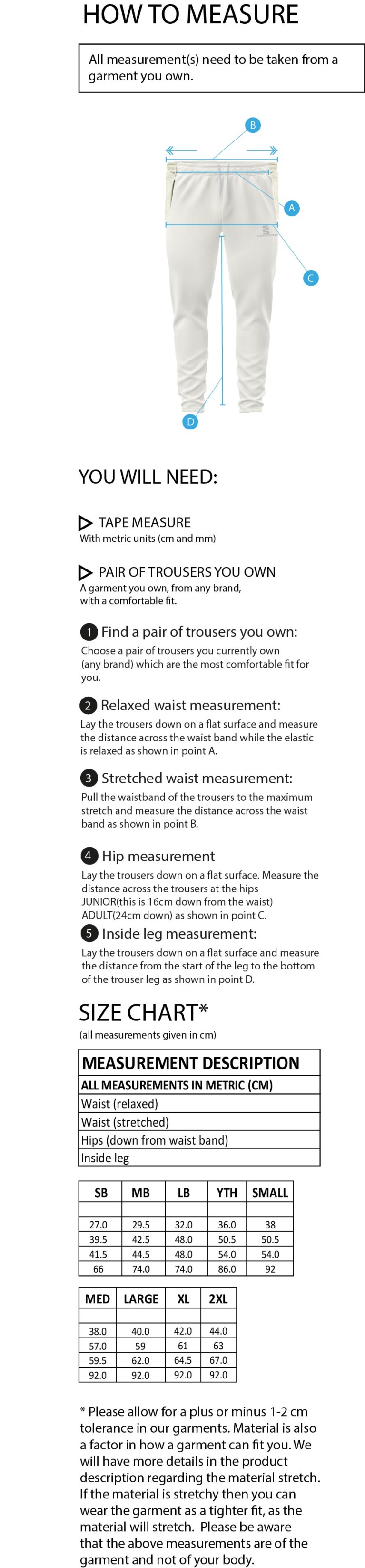 North Devon Police CC - Tek Playing Pant - Size Guide