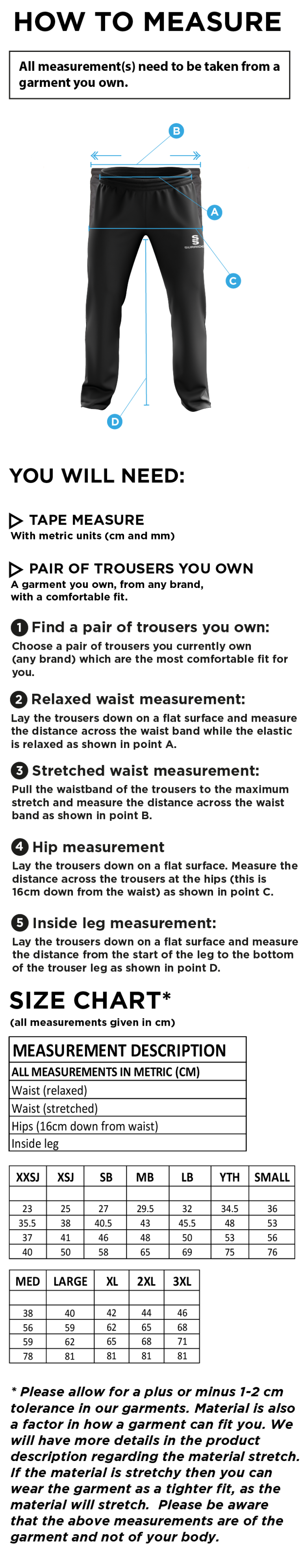North Devon Police CC - Poplin Track Pant - Size Guide